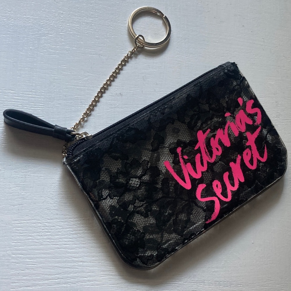 Women’s Victoria’s Secret Black Floral Lace Coin Zipper Closure Wristlet